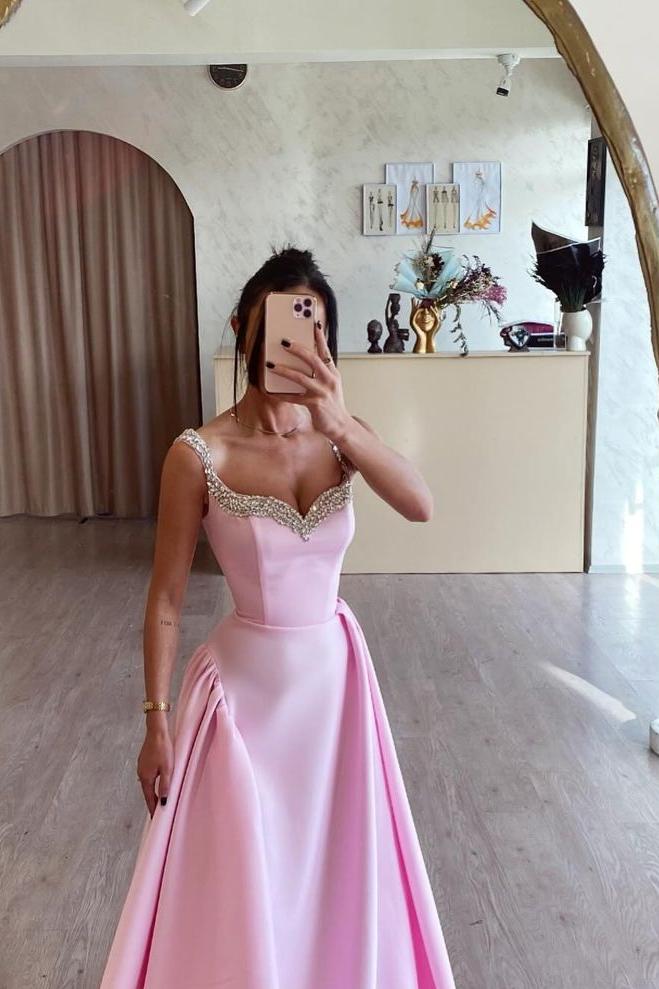 edgynewlook Beautiful Pink Satin Sleeveless Spaghtti Strap Long Prom Dress with Beadings