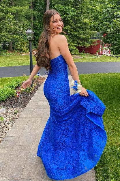 Strapless Royal Blue Lace Prom Dress with Slit