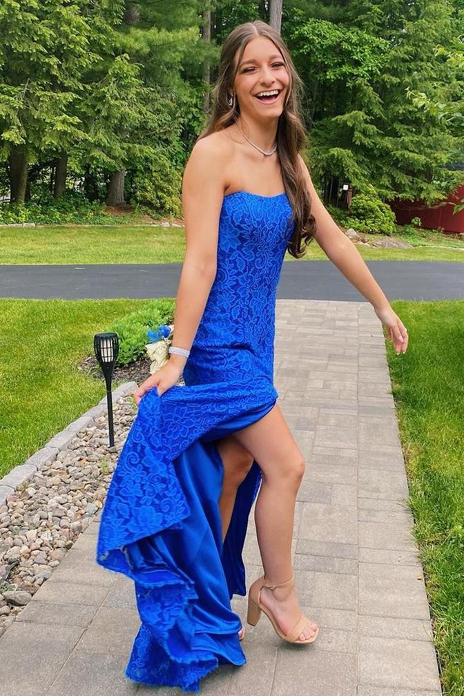 Strapless Royal Blue Lace Prom Dress with Slit