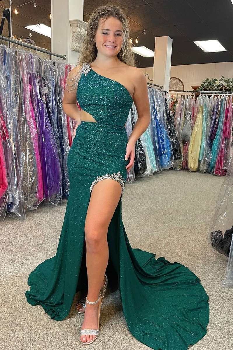 Itzel | One-Shoulder Hunter Green Beaded Mermaid Long Prom Dress with Slit