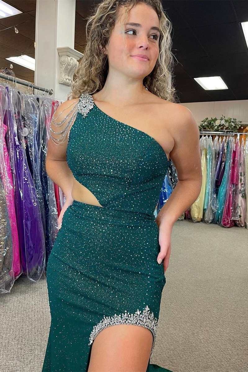 Itzel | One-Shoulder Hunter Green Beaded Mermaid Long Prom Dress with Slit