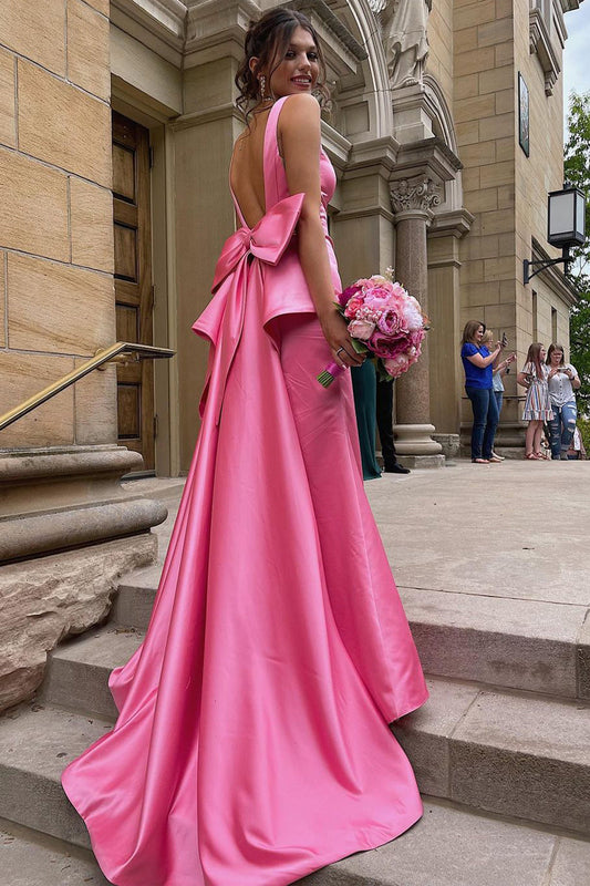 Esther | Cute Mermaid V Neck Pink Satin Long Prom Dresses with Big Bow