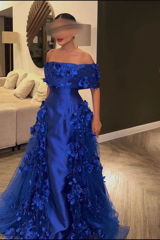 edgynewlook Chic Royal Blue SatinOff the Shoulder Strapless Long Prom Dress with Flowers