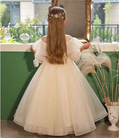 3/4 Sleeves High Neck A-Line/Princess Lace Flower Girl Dress with Rhinestone Appliques