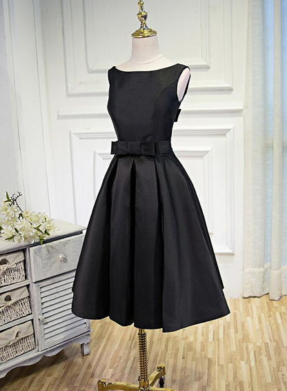 Lovely Simple Black Satin Knee Length Party Dress, Prom Dress gh188