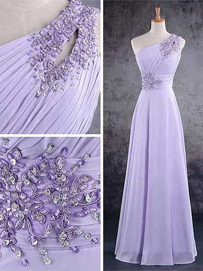 Light Purple One Shoulder Lace Applique Chiffon Party Dress, A-Line Bridesmaid Dress gh112