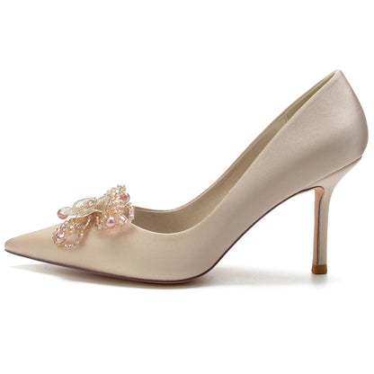 Women's Wedding Pointed Toe Elegant Stiletto Heel Bridal Shoes with Pearls & Flower