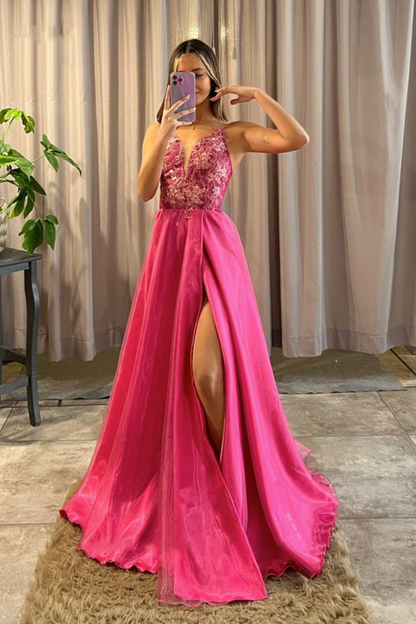 Pink Long Prom Dress With Slit A Line V-Neck Lace Appliques YL0019