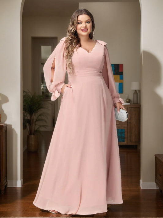 A-Line/Princess V-Neck Long Sleeves Plus Size Bridesmaid Dresses with Pockets & Split Side