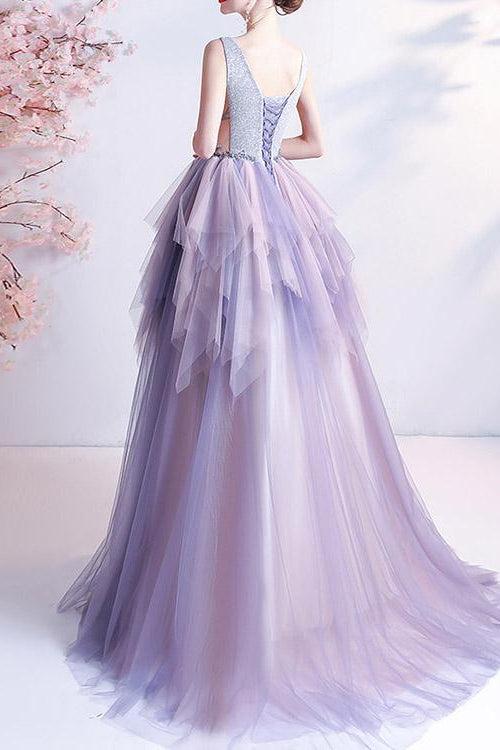 Edgynewlook Sleeveless Long Prom Dress V-Neck Tulle Layered With Beads Online