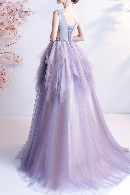 Edgynewlook Sleeveless Long Prom Dress V-Neck Tulle Layered With Beads Online