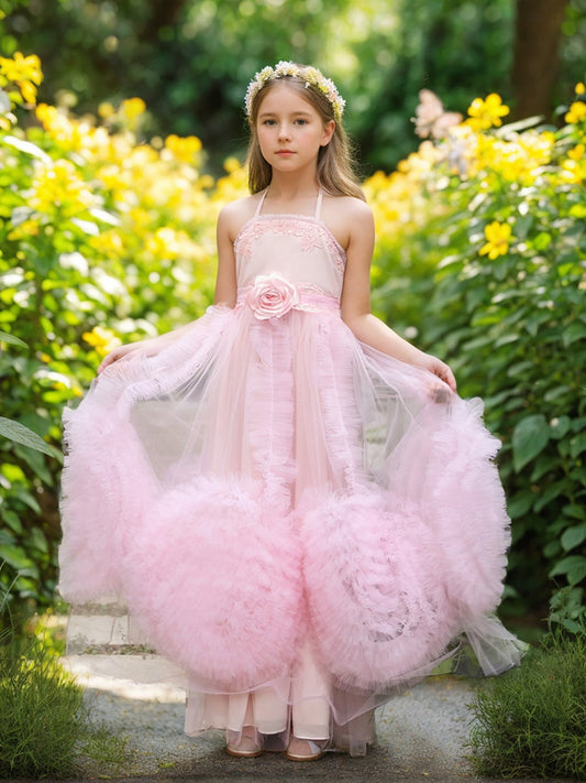 A-line Chiffon Floor-length Pink Flower Girl Dress