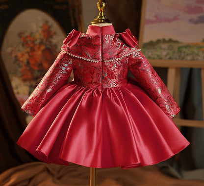 Knee Length High Neck Long Sleeves Embroidery Baby Girl Party Dress with Bow