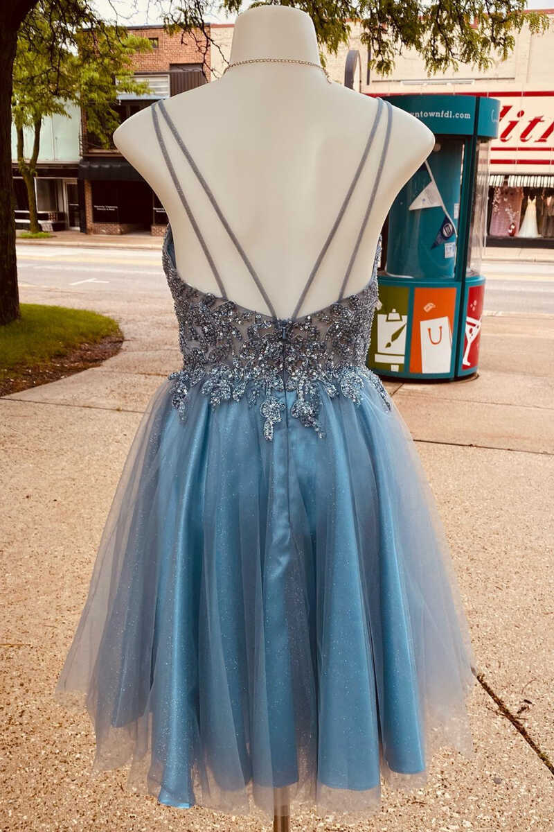 Stunning Blue Sequins Plunge Neck A-Line Short Homecoming Dress gh1408