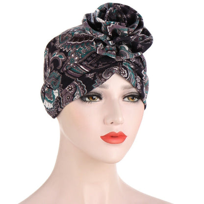 Women Ethnic Plaid Pattern Cashew Flower Musulman India Islamic Head Wrap Turban