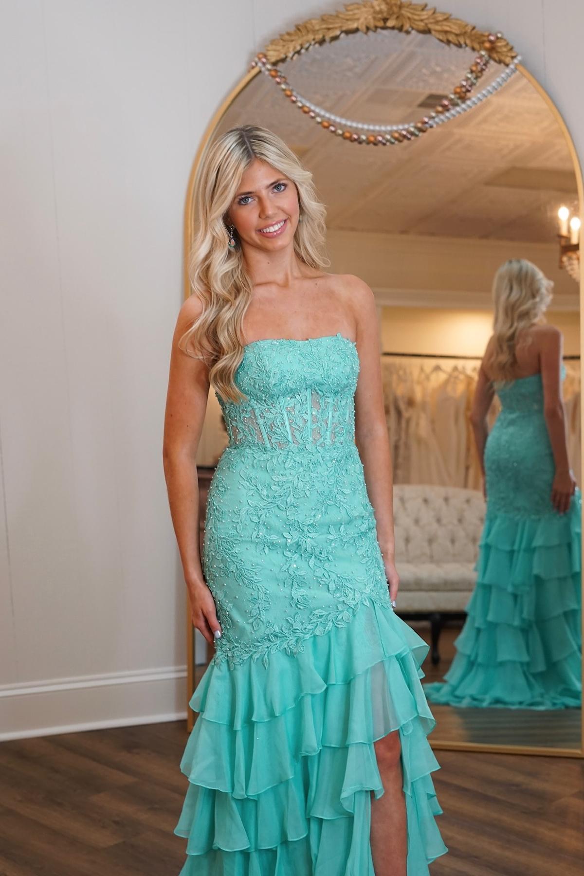 edgynewlook Charming Green Chiffon Sleeveless Strapless Applique Prom Dress with Ruffles