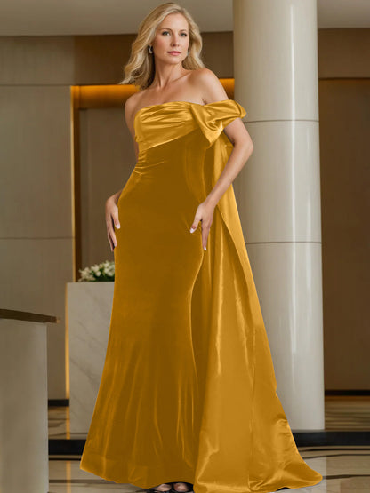 Sheath/Column Off-the-Shoulder Sleeveless Floor-Length Evening Dresses with Watteau Train