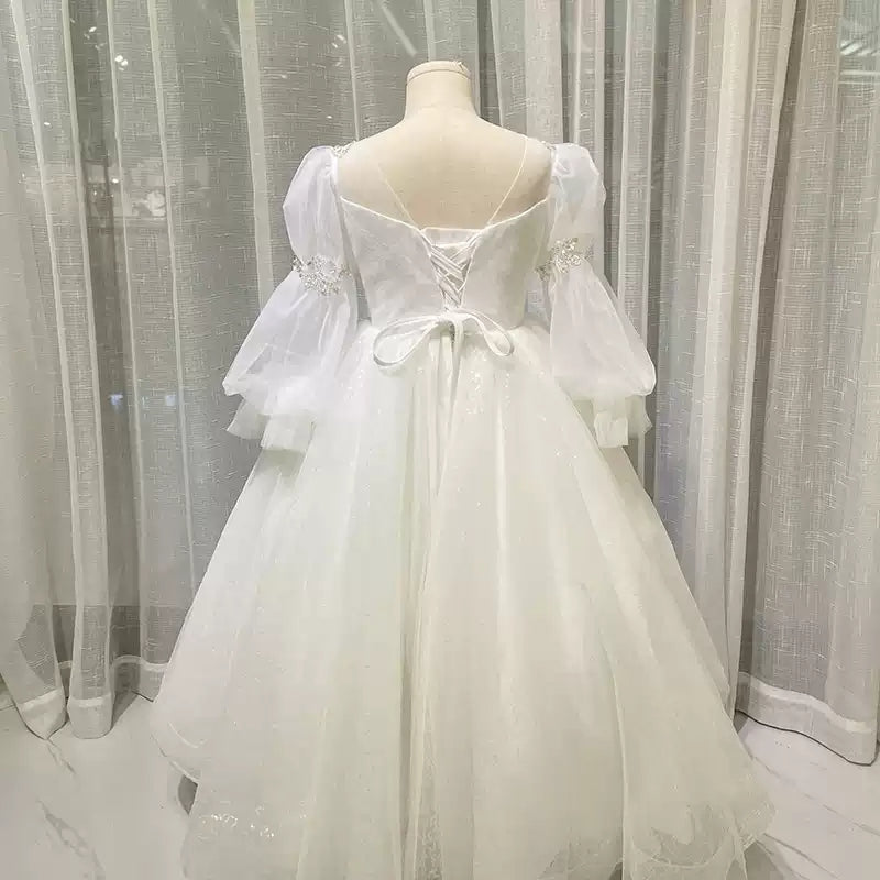 Ball Gown Round Neck Long Sleeves Flower Girl Lace Dress with Crystal Appliques