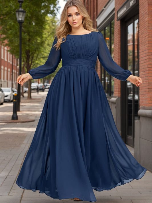 A-Line/Princess Scoop Long Sleeves Floor-Length Plus Size Bridesmaid Dress With Ruffles