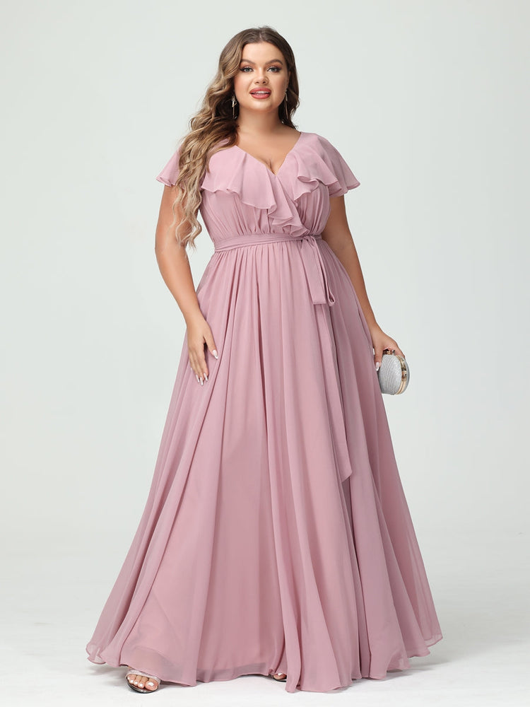 A-Line/Princess V-Neck Short Sleeves Chiffon Plus Size Bridesmaid Dresses With Pockets,Ruffles  ,Ruched & Split Side