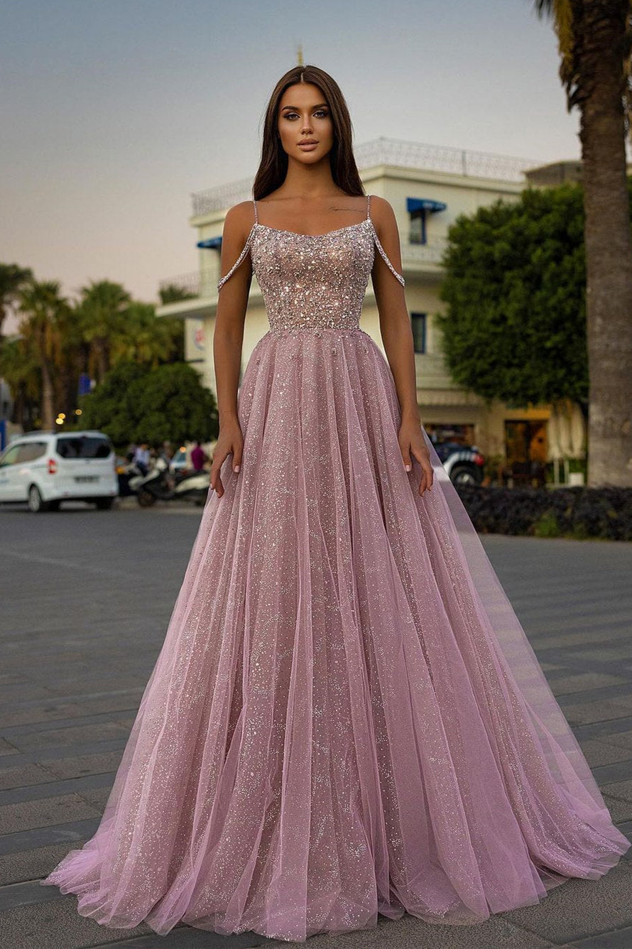 Spaghetti-Straps Tulle A-Line Long Prom Dress With Sequins Beads PD0700