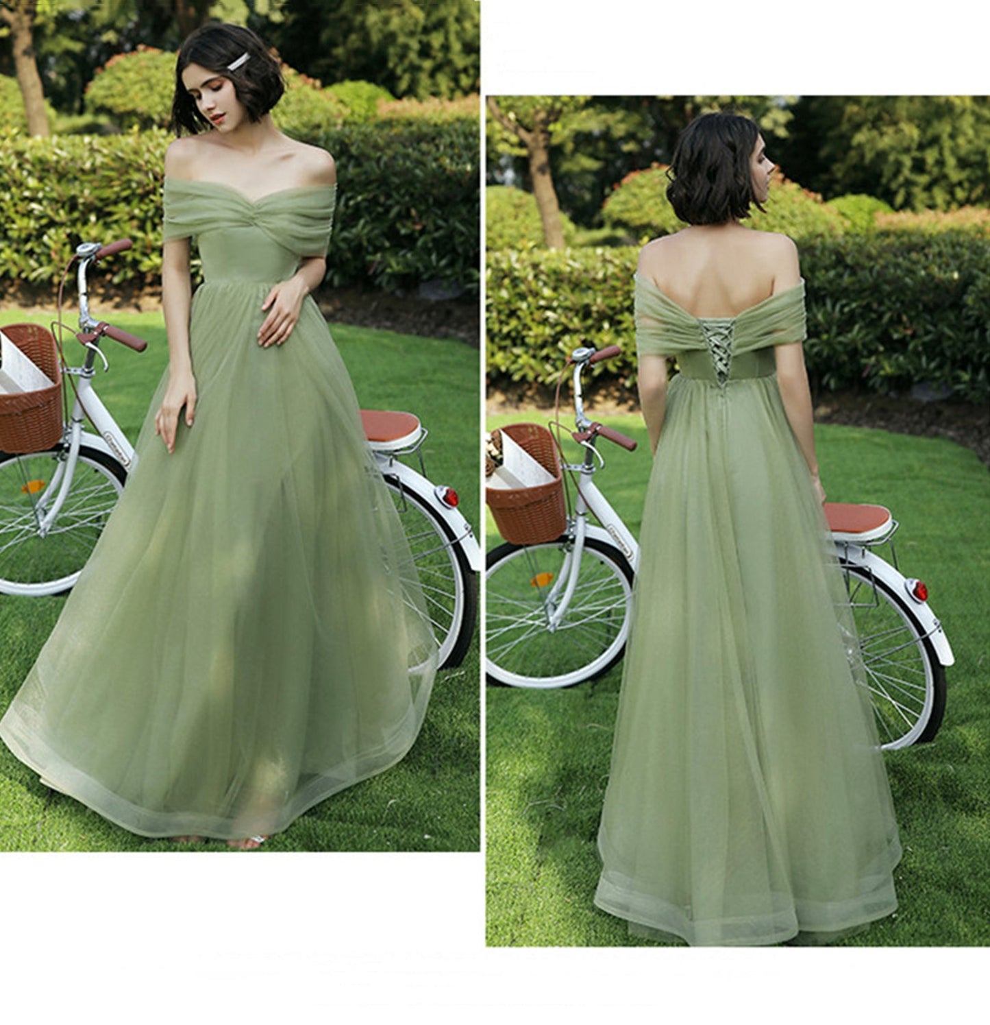 Green tulle long A line prom dress bridesmaid dress  10048