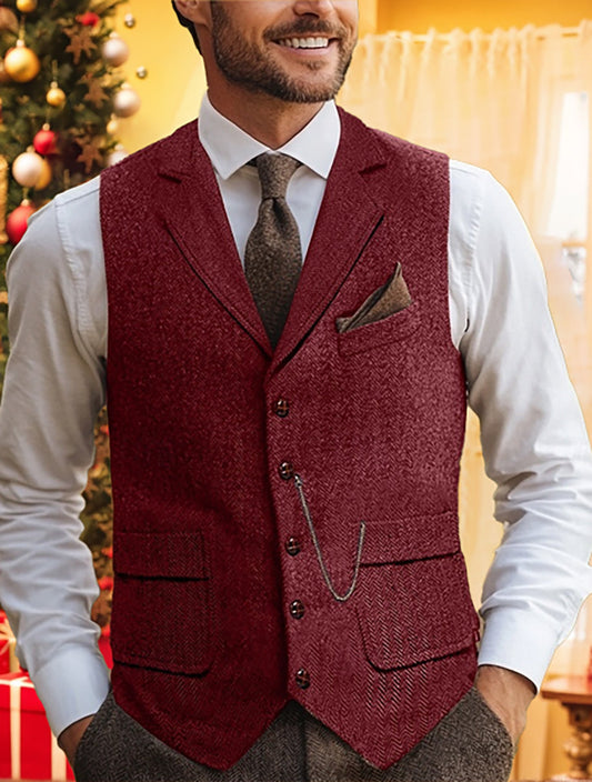 Men's Herringbone Standard Fit Notch Single Breasted Five-buttons Tweed Vest