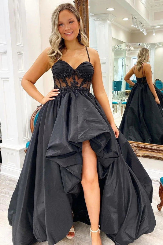 Aubrey | Black Appliques Hi-Low Straps Long Prom Dress