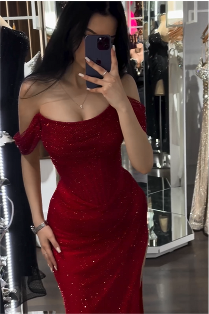 edgynewlook Exquisite Red Sequins Strapless Off the Shoulder Mermaid Prom Dress with Split