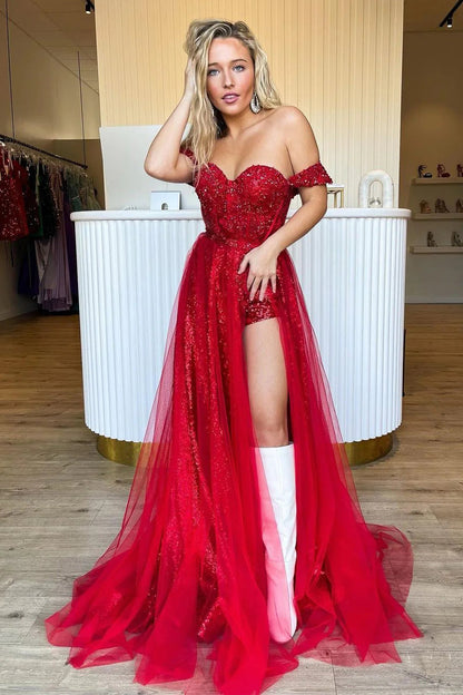 Ashlee | Sparkly Tow Piece Off the Shoulder Red Sequins Long Prom Dresses