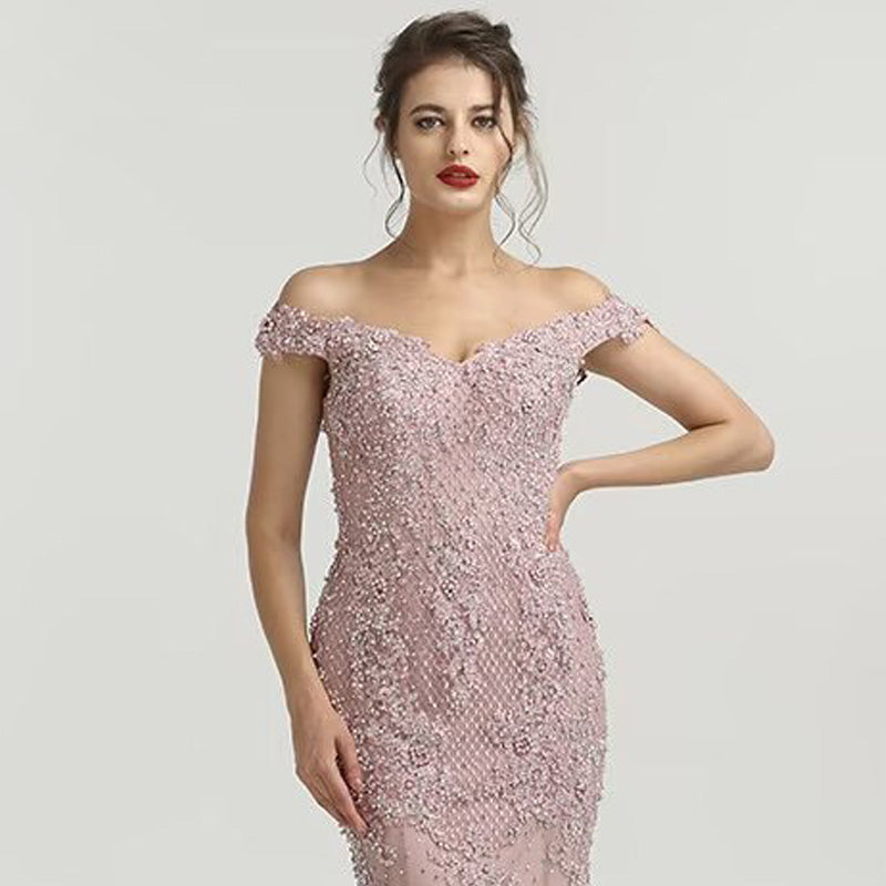 Okdais Elegant Dusty Pink Sequin Appliques Prom Dress Mermaid V Neck With Beaads LM0036