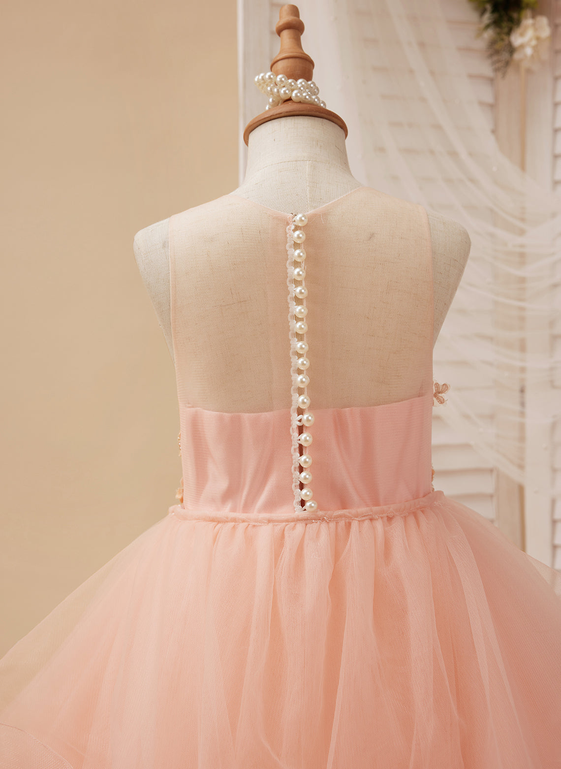 Ball-Gown/Princess Tulle Sweep Train Pink Flower Girl Dress