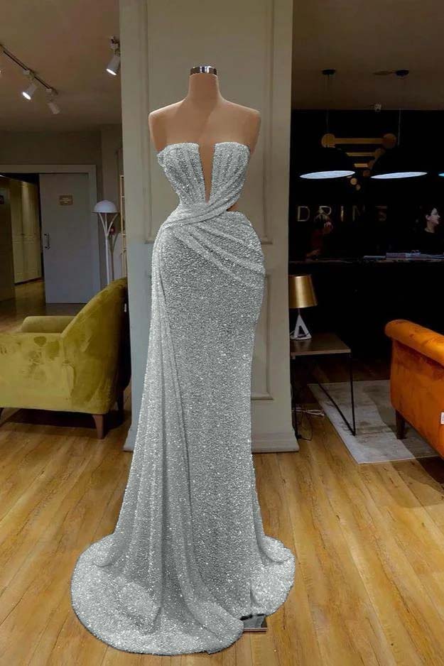 Gorgeous White Sequins Strapless Prom Dress Online PD0527