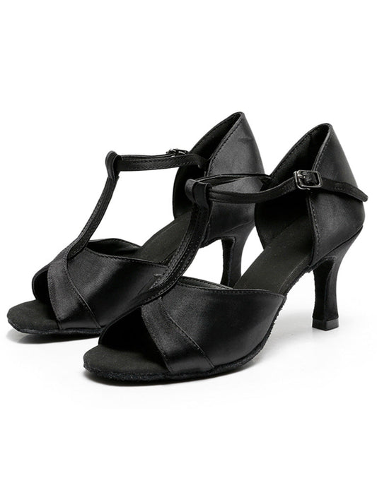 Women's Dancewear Shoes T-Strap Heel Open Toe Satin Latin Shoes