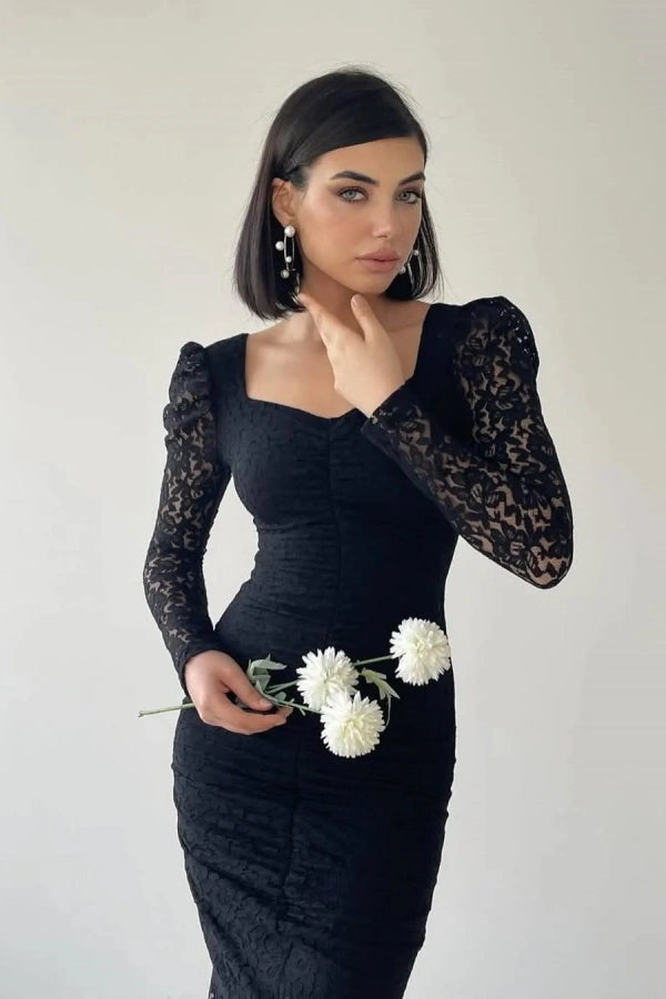 Black Slim Fit Lace Long Sleeves Prom Dress ZT0312