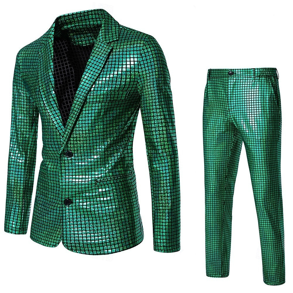 Men's Party Plaid 2 Piece Punk Fashion Standard Fit Single Breasted Two-buttons Sequin Evening Wear Prom Suits