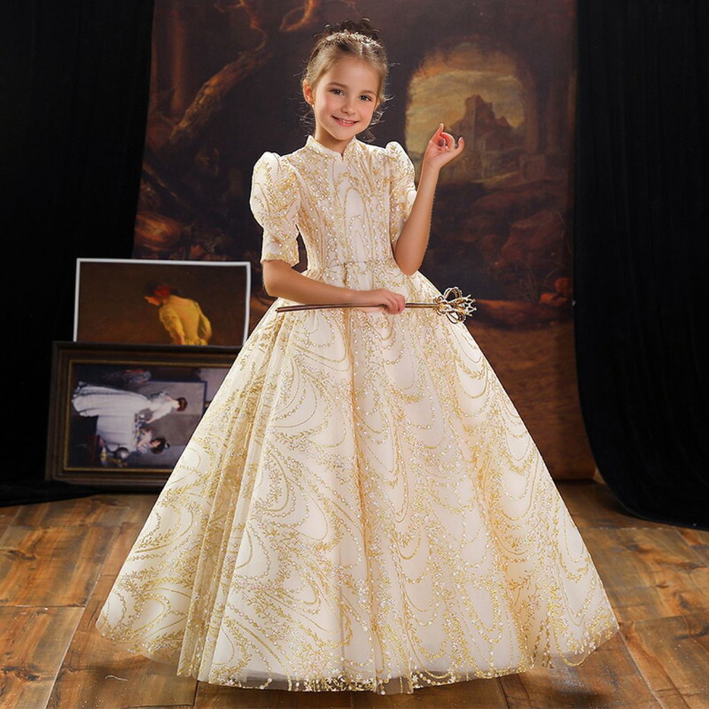 Ball Gown Half Sleeves High Neck Embroidery Flower Girl Dress for party with Crystal