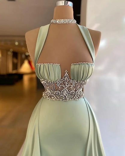 Elegant Halter Green Beads Prom Dress Long A Line Mermaid Dress HT0051