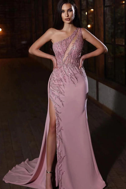 Elegant One-Shoulder Applique Prom Dress Mermaid Split ED0093