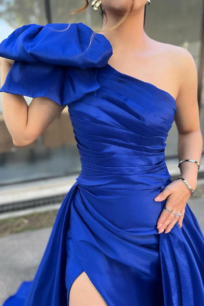 edgynewlook Chic Royal Blue Satin One Shoulder Sleeveless Long Pleated Prom Dress with Split