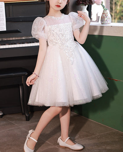 A-Line/Princess Short Sleeves Knee Length Lace Flower Girl Dress with Appliques