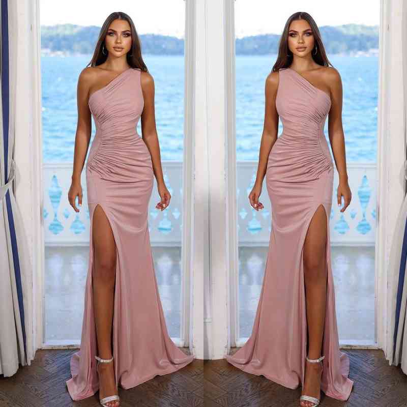 Charming Pink One shoulder Prom Dress With Pleated Split ED0586