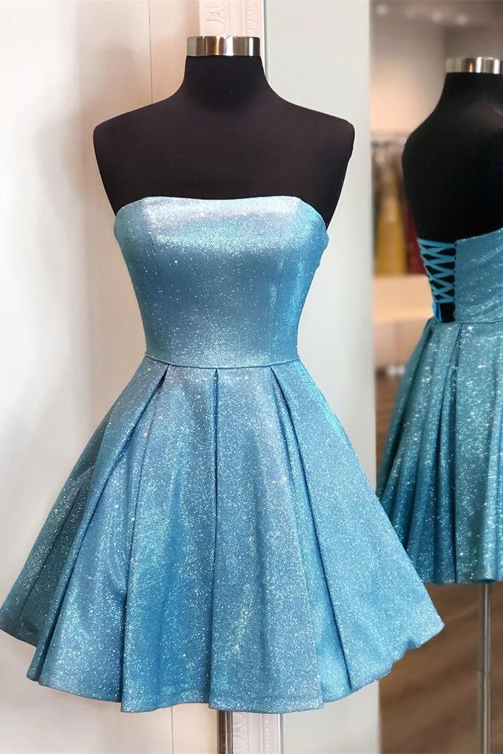 Shiny Strapless Blue Short Prom Dresses, Open Back Blue Homecoming Dresses, Blue Formal Evening Dresses gh864