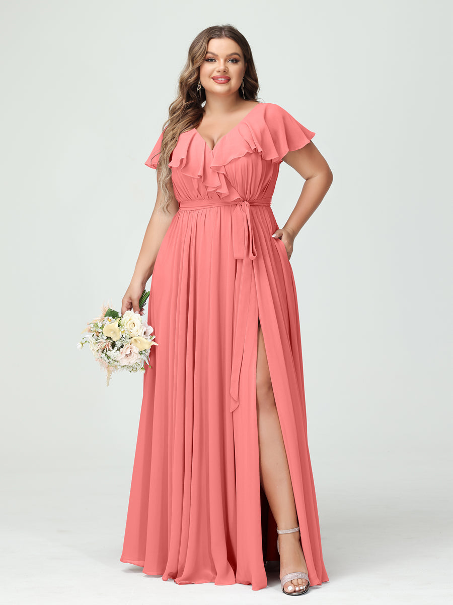 A-Line/Princess V-Neck Short Sleeves Chiffon Plus Size Bridesmaid Dresses With Pockets,Ruffles  ,Ruched & Split Side