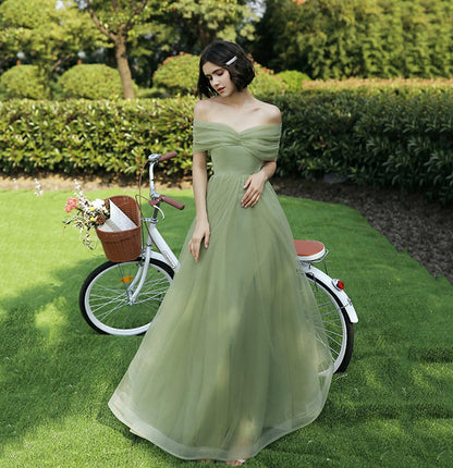 Green tulle long A line prom dress bridesmaid dress  10048