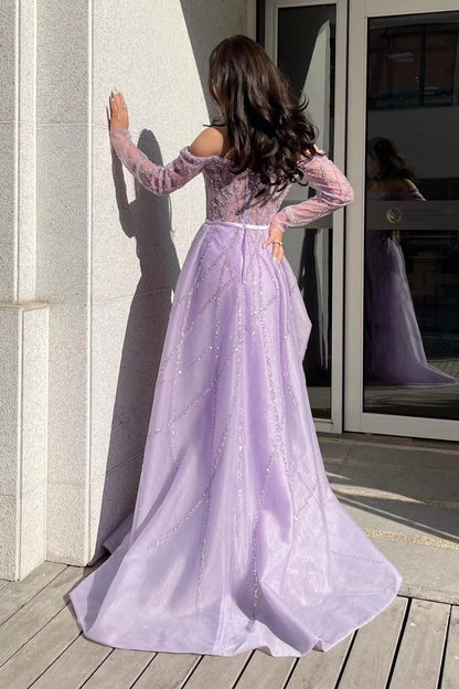 Lilac Off-The-Shoulder Long Sleeves Tulle Prom Dress Mermaid With Beads ED0359