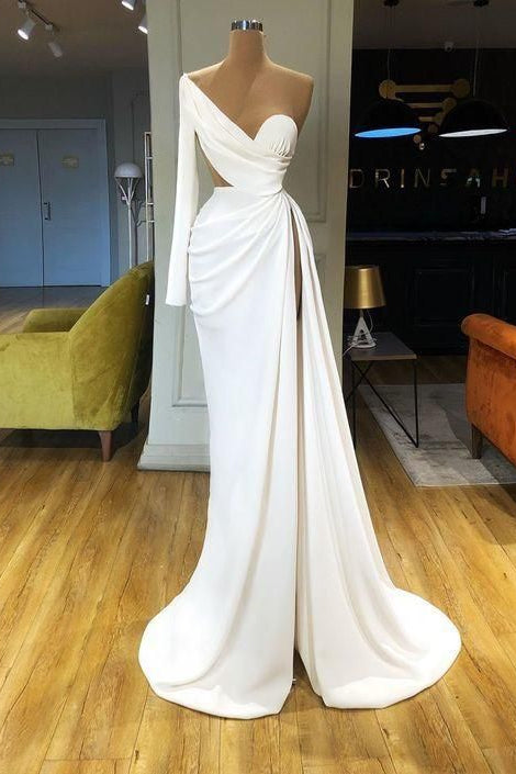 White One Shoulder Long Sleeve Sweetheart Mermaid Prom Dress With Split PD0629