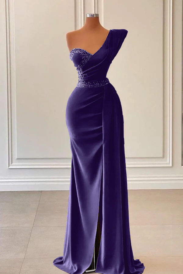 Sage One-Shoulder Split Mermaid Prom Dress With Beadings PD0781