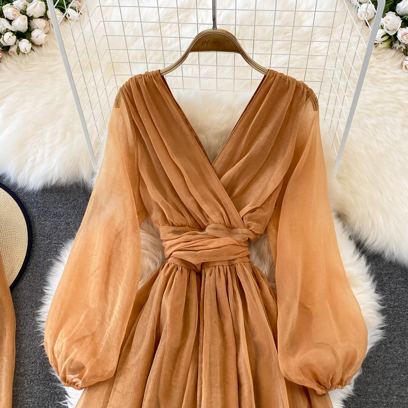 Cute V Neck Soft Chiffon Dress Fashion Girl Dress And Scarf  10791