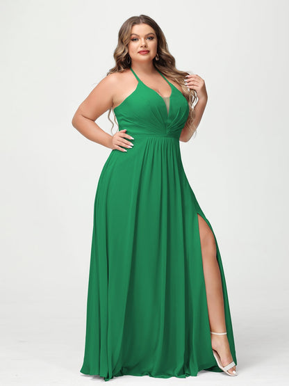 A-Line/Princess Halter Sleeveless Floor-Length Plus Size Bridesmaid Dresses with Pockets & Split Side